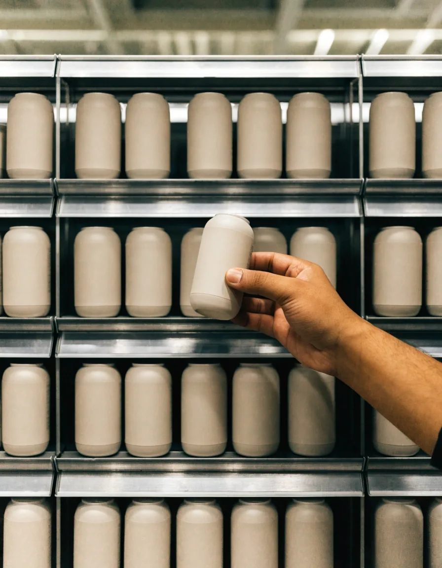 A hand lifting one unbranded supplement container from a bright pharmacy shelf row