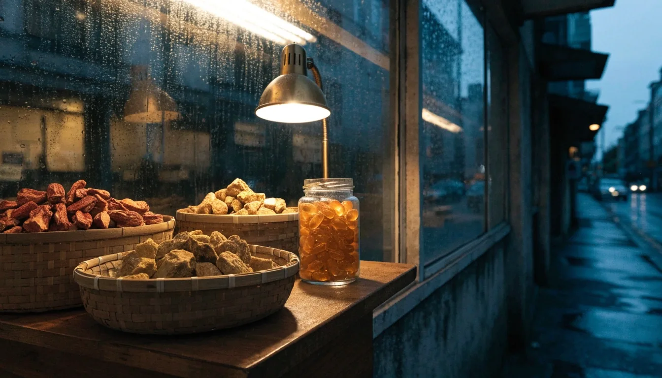 Rain-beaded glass of a neighbourhood pharmacy counter at night with warm light behind it