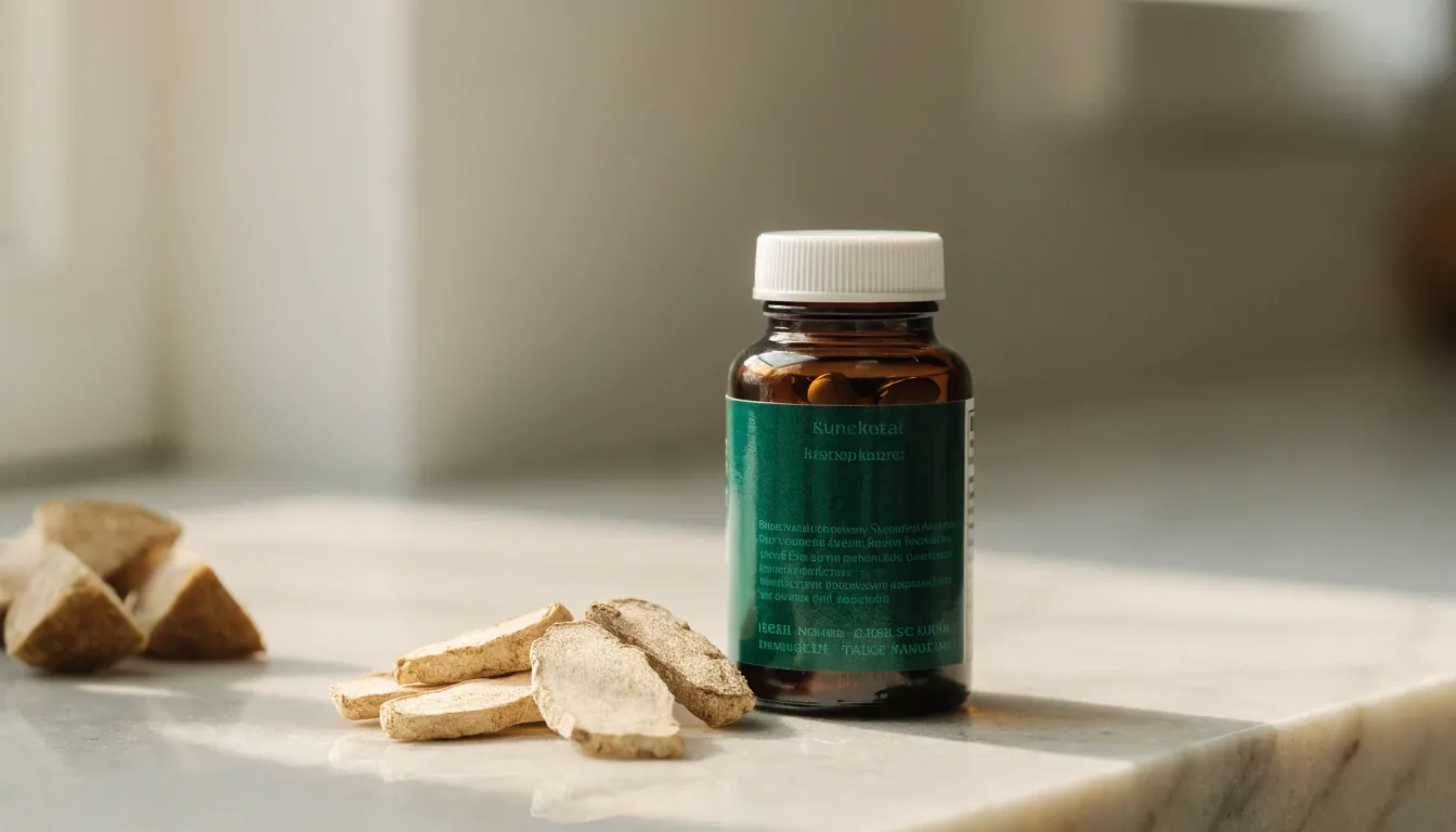A steel measuring scoop and a small dish of botanical extract powder resting on a plain matte counter