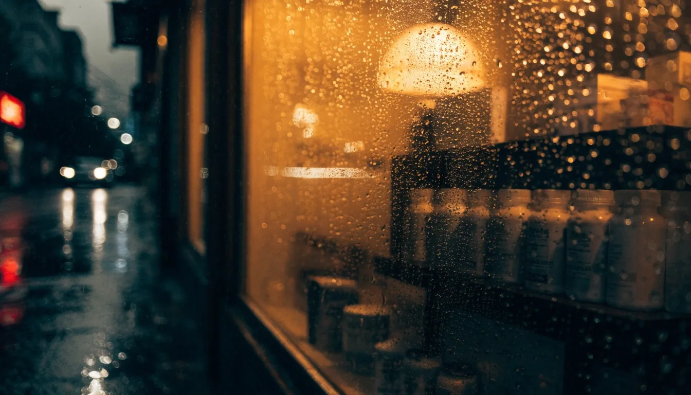 A night view through rain-beaded shop glass with warm amber light blurred behind the pane