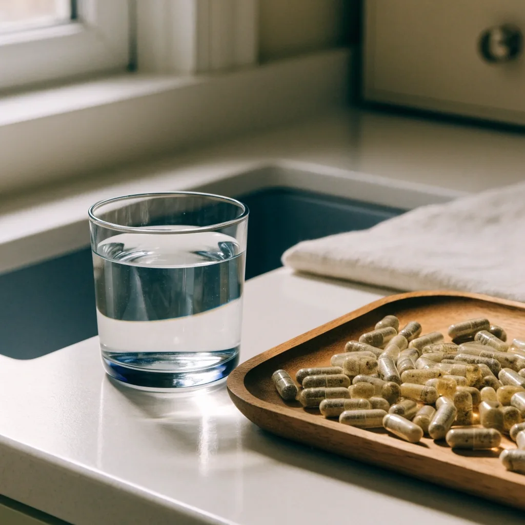 A plain kitchen counter with a glass of water and a shallow wooden tray of loose herbal capsules in even daylight