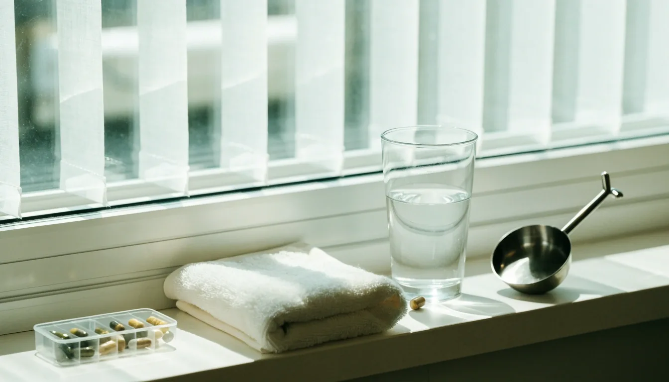 A weekly pill case, a glass of water and a folded towel on a bright bathroom windowsill