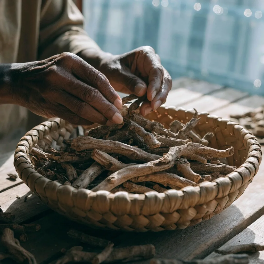 Sliced tongkat ali root on a bright matte surface