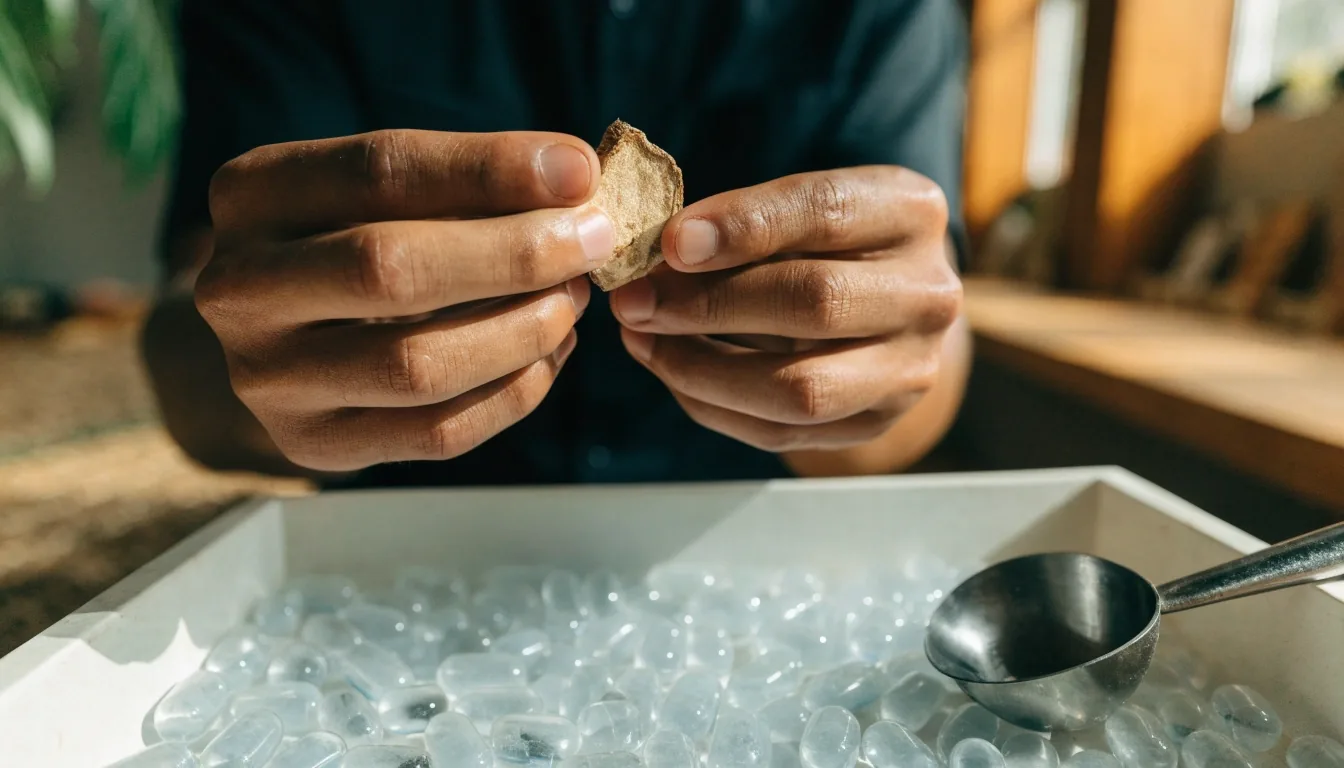 Loose clear capsules, a steel scoop and dried root slices arranged on a bright matte surface