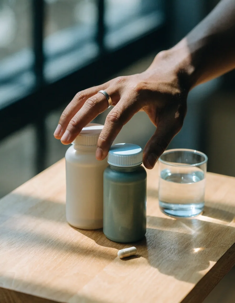 Two unlabeled supplement containers of different sizes with a loose capsule on a matte surface