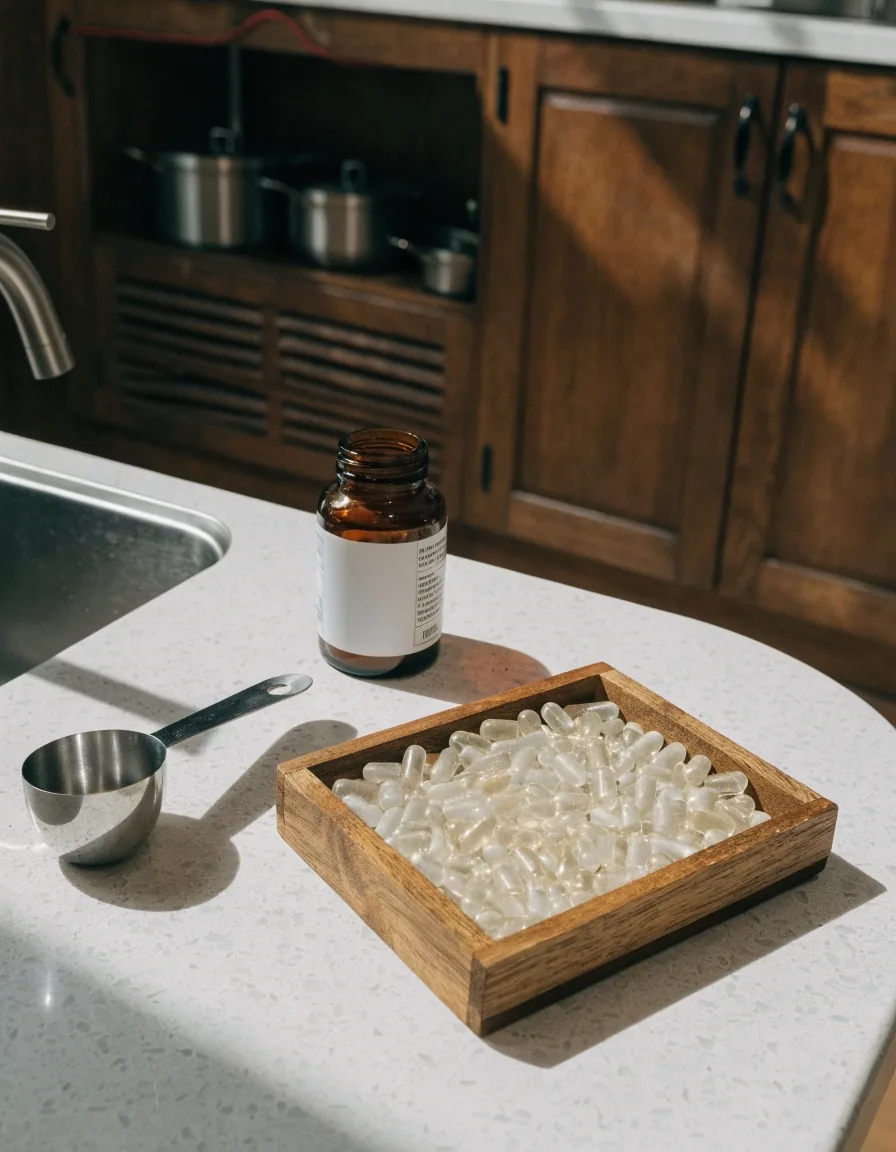 A clear capsule bottle turned away from camera beside a scoop and a tray of loose capsules