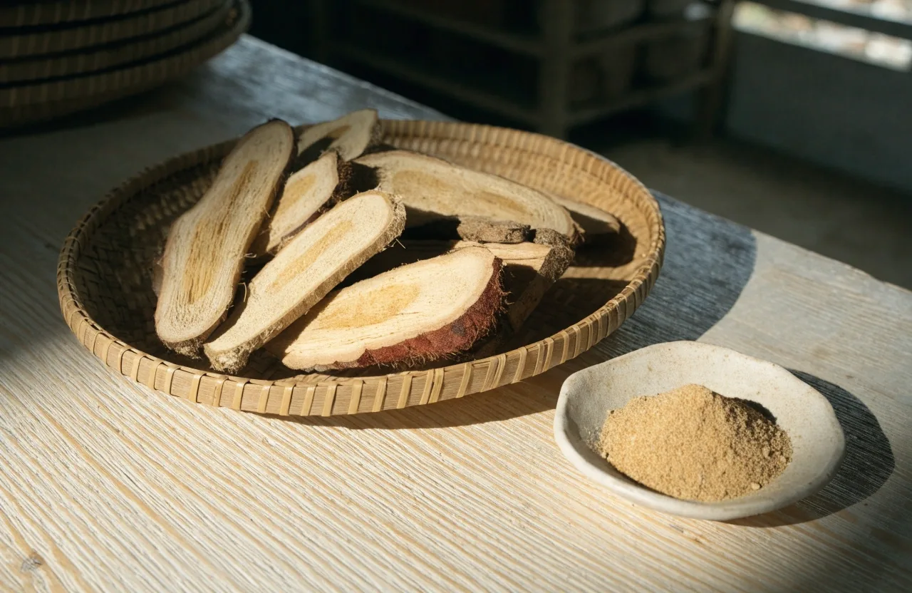 Tongkat Ali root slices photographed on a bright matte surface