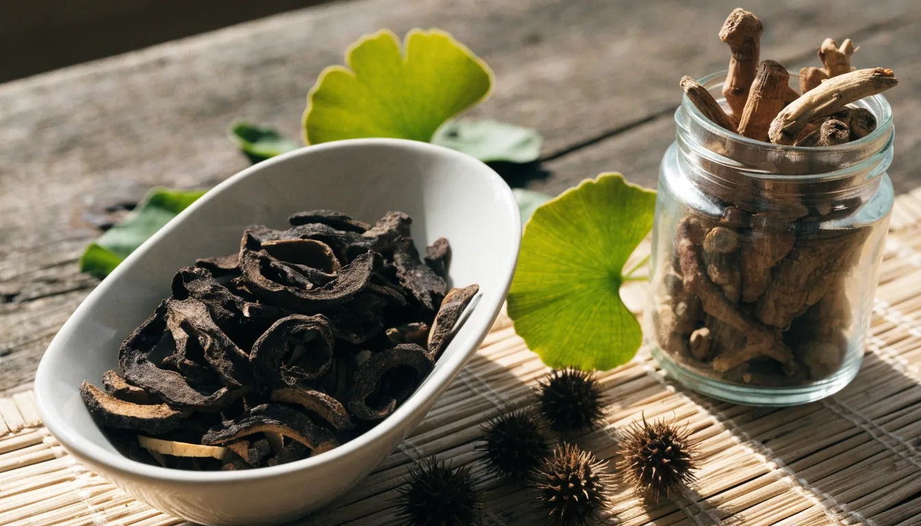 Tongkat Ali root slices, Panax ginseng root, ginkgo leaves and pasak bumi laid flat on a bright matte surface