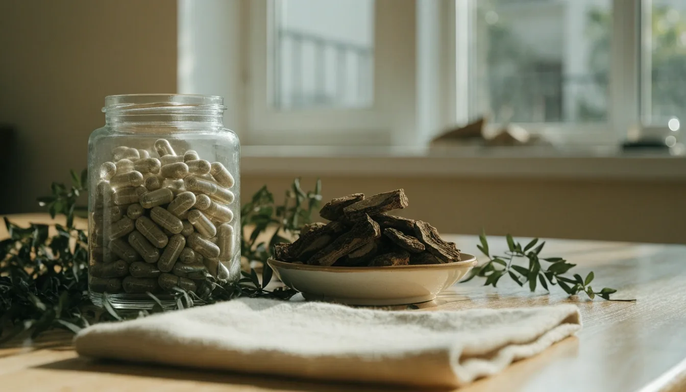 Steel scoop and loose herbal capsules on a matte counter surface