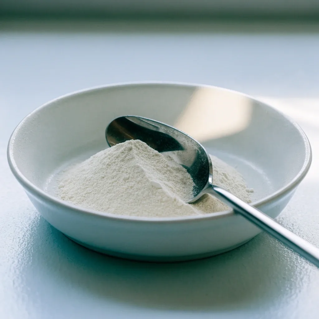 A small dish of pale collagen powder with a steel scoop on a bright matte surface
