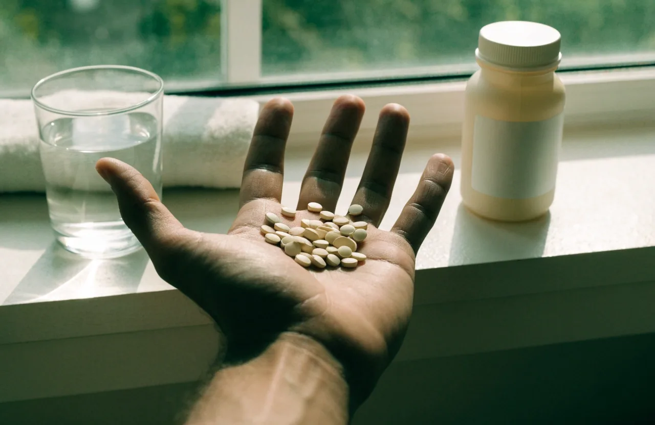A line of round tablets laid beside an unlabeled white tablet bottle on a bright matte surface