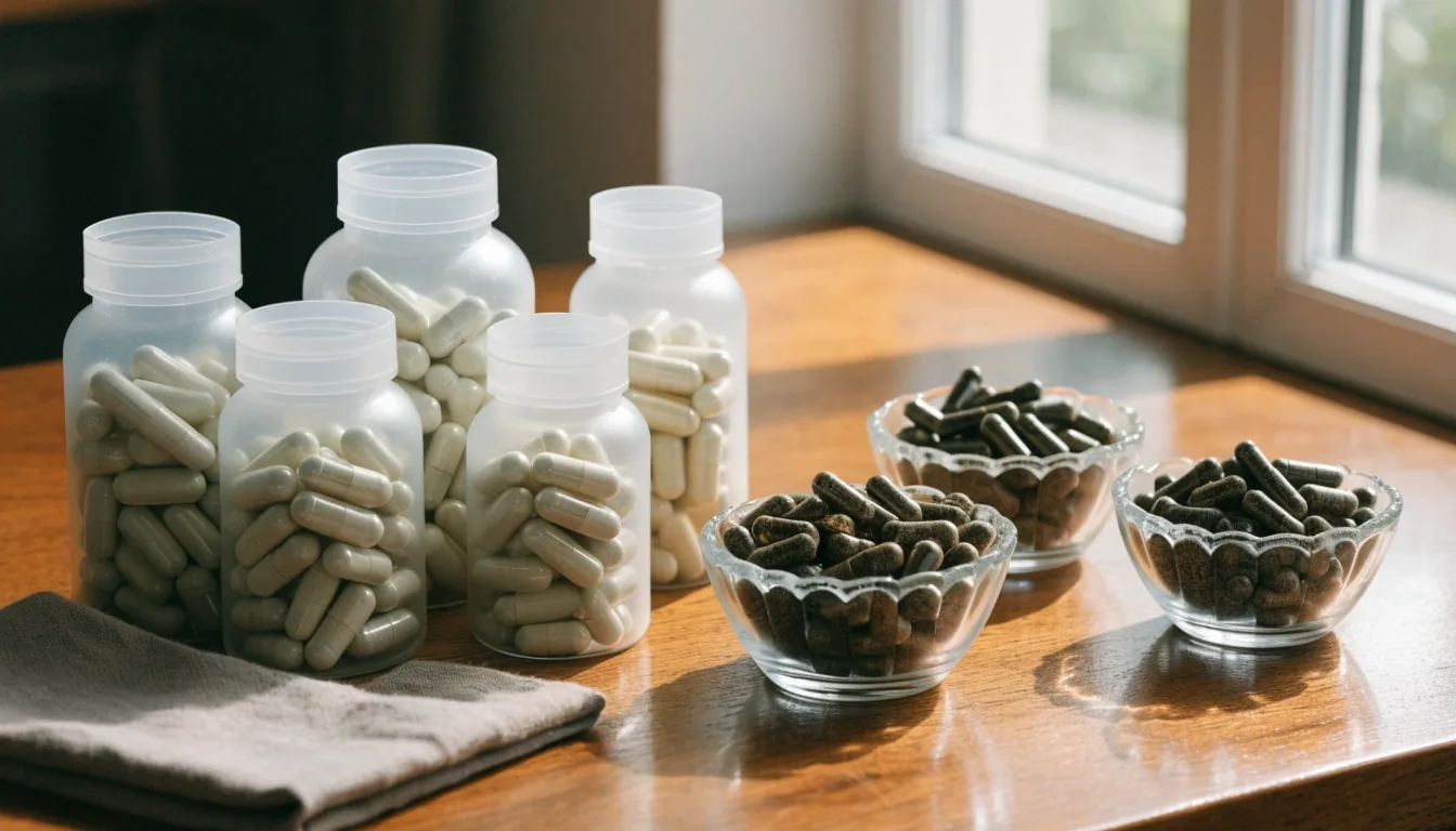 Unlabeled clear capsule bottles and a tray of loose herbal capsules arranged in a row on a bright matte surface
