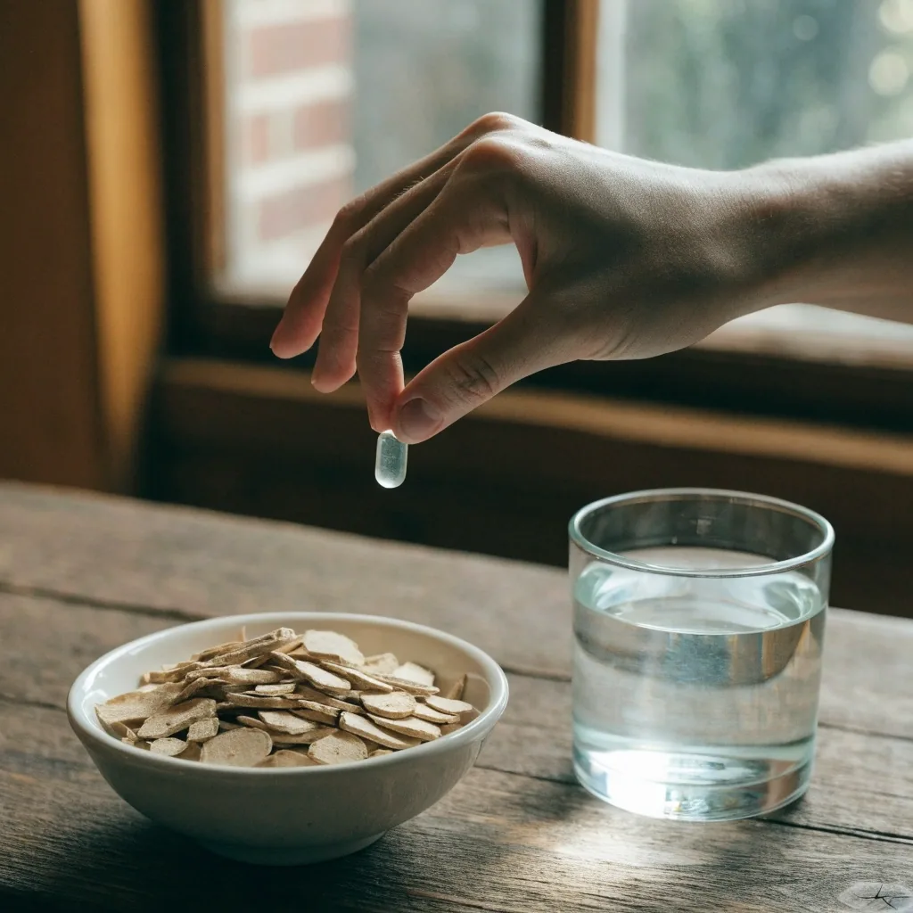 Hands examining a single clear capsule beside a mortar of dried root on a bright surface