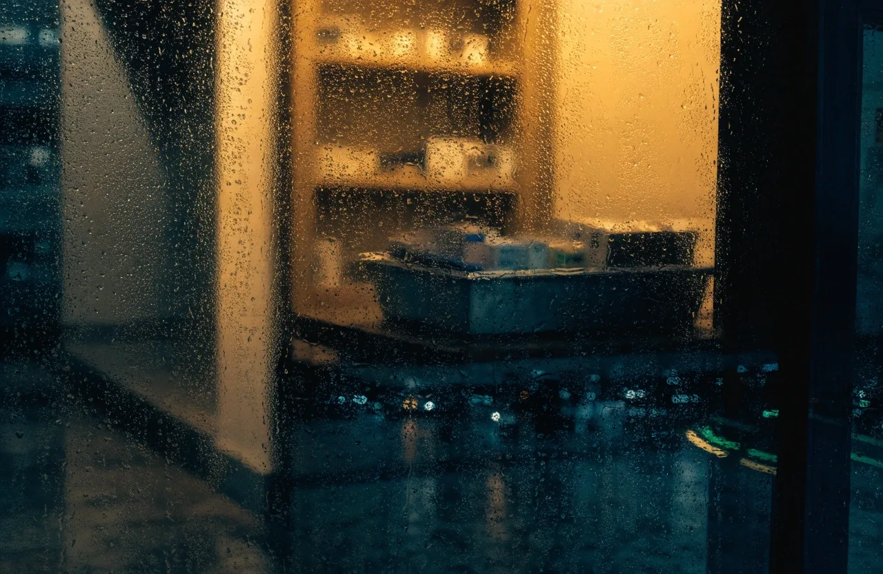 Rain-beaded pharmacy window at night with warm amber light blurred behind the glass