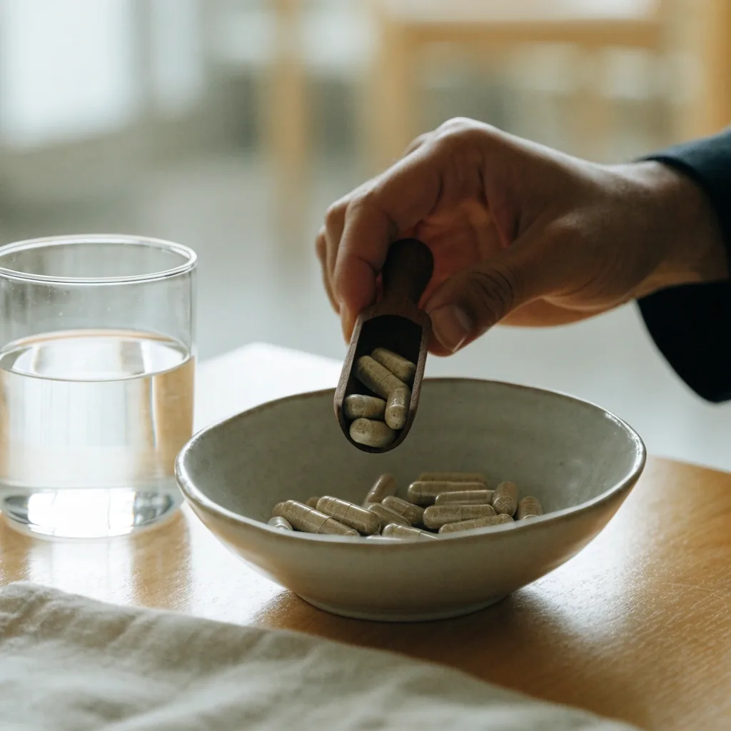Unlabeled capsule bottle, loose herbal capsules, steel scoop and powder dish arranged on a bright counter